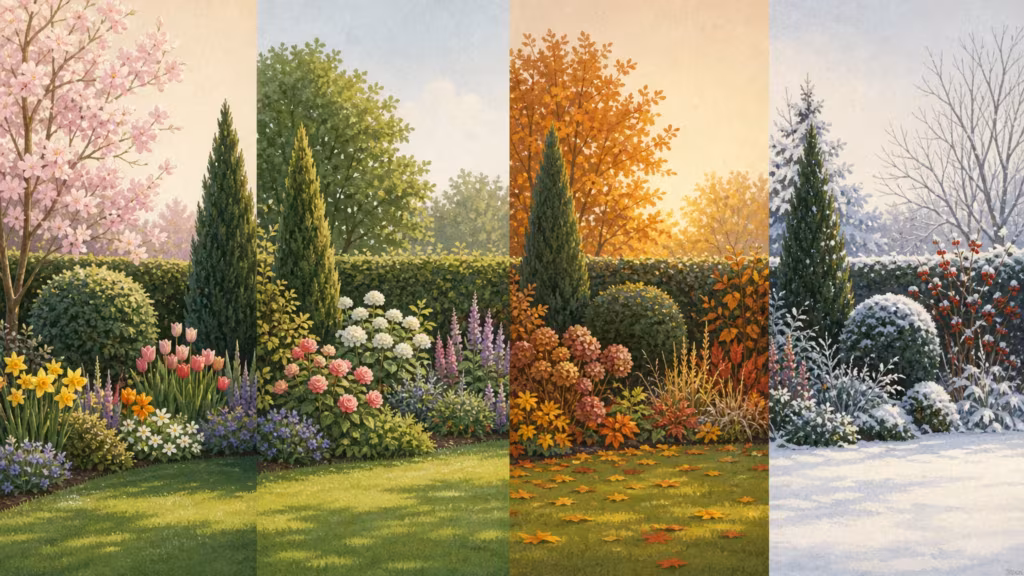 Garden border with evergreen structure and flowers through the seasons